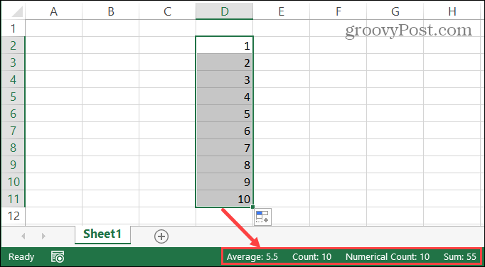 Barra di stato di Excel per le celle selezionate