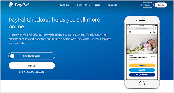 Questo è uno screenshot della pagina web del servizio PayPal Checkout. Ha uno sfondo blu e un testo bianco. Un