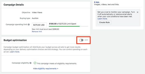 Opzione di ottimizzazione del budget della campagna Facebook.