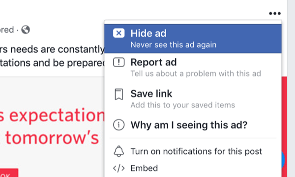 opzioni per nascondere gli annunci di Facebook nel feed