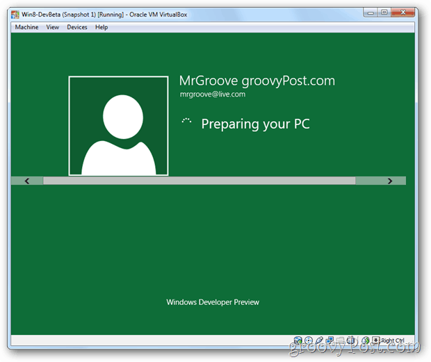 VirtualBox Installazione di Windows 8 che prepara desktop