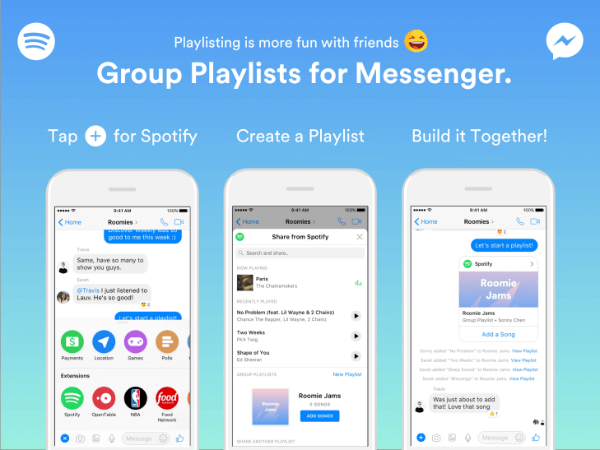 Spotify ha ampliato la funzionalità all'interno del suo bot Messenger per consentire ai gruppi di creare playlist direttamente dall'app Messenger.