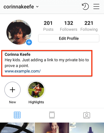 Come aggiungere o condividere un collegamento a Instagram, esempio 1.