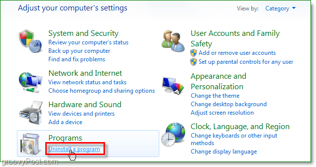 fare clic su Disinstalla un programma per continuare a rimuovere, ad esempio, da Windows 7