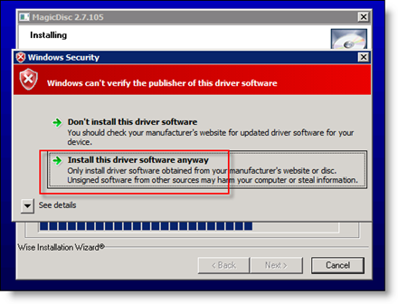 Accetta l'installazione driver di MagicISO su Server 2008