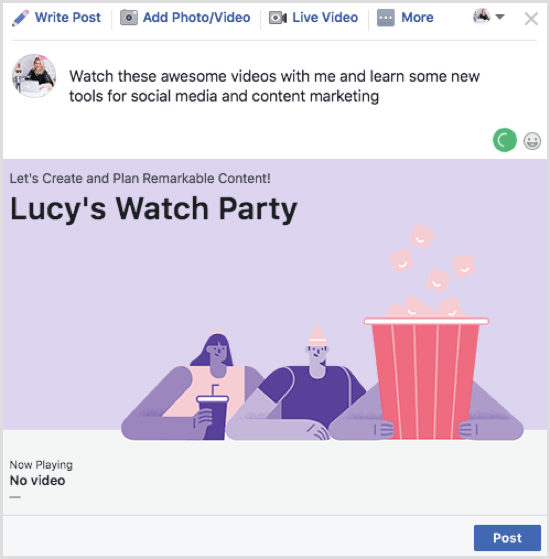 Fai clic su Pubblica per pubblicare il tuo post di Facebook Watch Party.