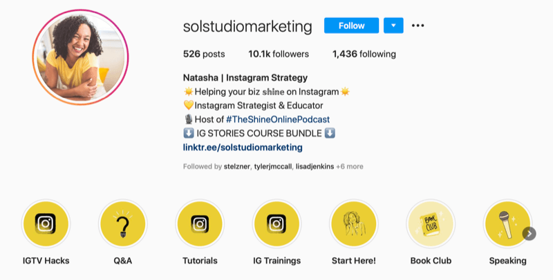 screenshot della biografia dell'account Instagram di Sol Studio Marketing