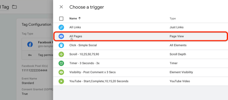 nuovo tag di google tag manager con scegli un'opzione di menu trigger con tutte le pagine selezionate ed evidenziate