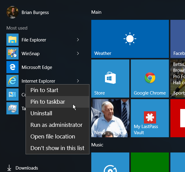 Menu di avvio IE Windows 10