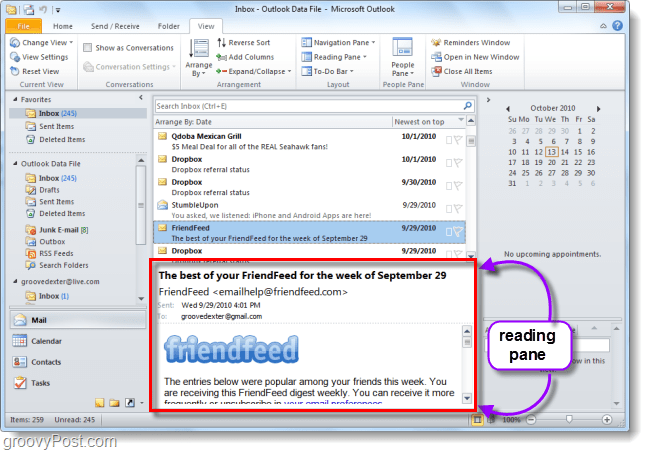 riquadro di posta elettronica predefinito di Outlook 2010