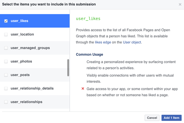 Seleziona gli elementi che desideri includere nell'invio dell'app di Facebook.