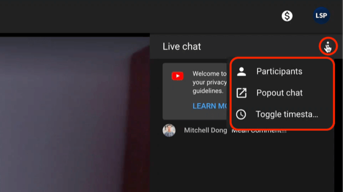 Opzioni del menu della chat dal vivo di YouTube inclusa la visualizzazione dei partecipanti e la visualizzazione della chat per una migliore visualizzazione e moderazione