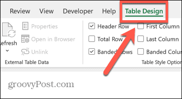 menu di progettazione tabella excel