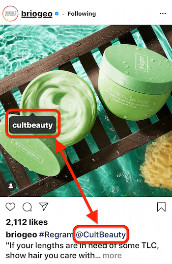 post di instagram di @briogeo che mostra un tag post e una didascalia @mention per @cultbeauty, il cui prodotto appare nell'immagine