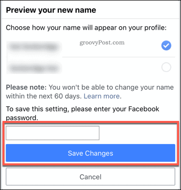 Conferma di una modifica del nome Facebook nell'app mobile