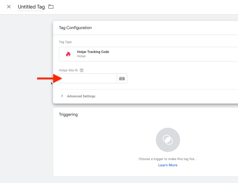 nuovo tag Google Tag Manager con il nuovo campo ID sito hotjar evidenziato, a causa del tipo di tag selezionato del codice di monitoraggio hotjar selezionato