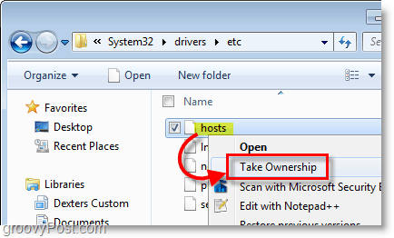 Schermata di Windows 7: utilizzare il menu contestuale del tasto destro per diventare proprietario di qualsiasi file in Windows 7