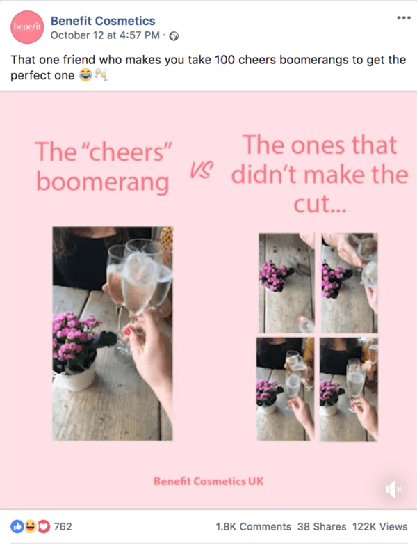 Esempio di divertente post su Facebook di Benefit Cosmetics.
