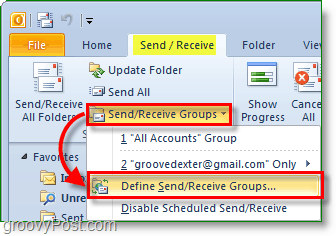 Schermata di Outlook 2010 - invio e ricezione di gruppi - definizione di gruppi