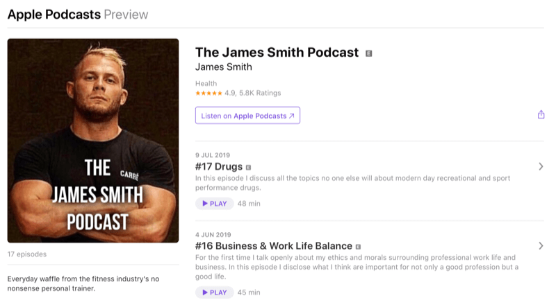 Strategia di social media marketing; Screenshot del podcast di James Smith su Apple Podcasts. James è un noto influencer nello spazio fitness.