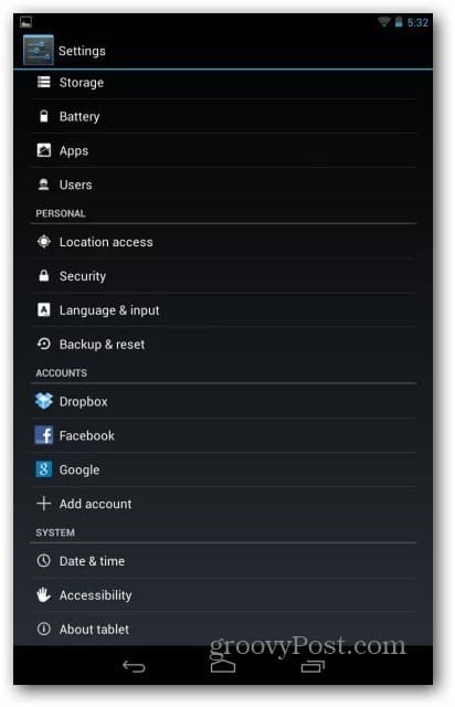 Account utente Nexus 7: impostazioni utente