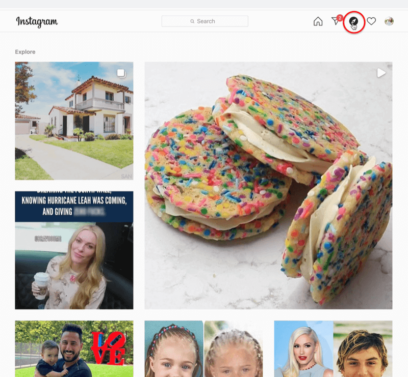 screenshot di instagram con l'icona della bussola esplora feed evidenziata e diversi post instagram campionati