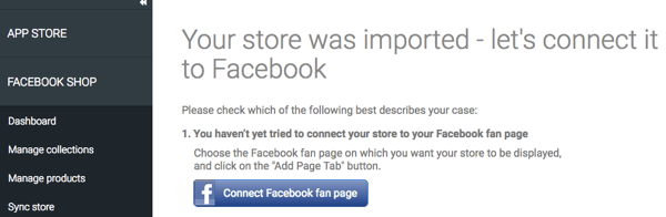 Dopo che il tuo negozio è stato importato tramite l'app StoreYa, assicurati che sia connesso a Facebook.