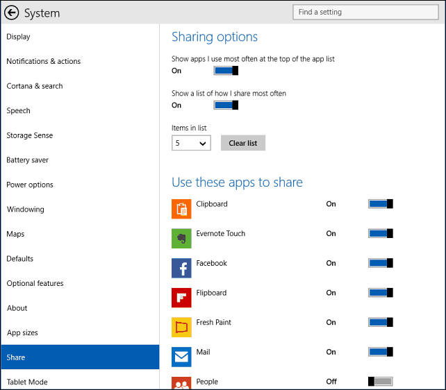 opzioni di condivisione Windows 10