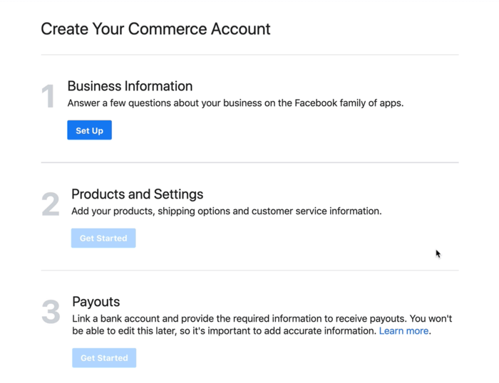 finestra di dialogo per impostare le informazioni sulla tua attività per il tuo account commerciale Facebook