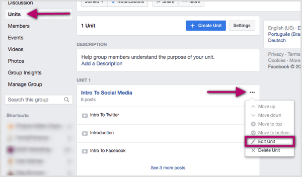 Fai clic sui tre punti a destra dell'unità del gruppo Facebook che desideri modificare.