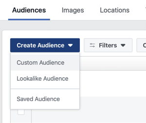 Opzione per creare un pubblico personalizzato, un pubblico simile o un pubblico salvato su Facebook.