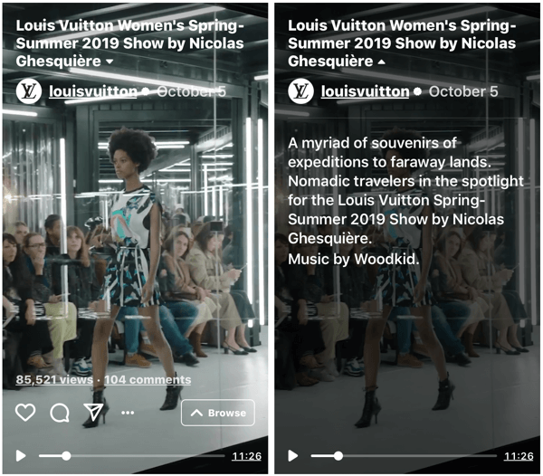 Esempio della sfilata IGTV di Louis Vuitton per la sfilata donna Primavera-Estate 2019.