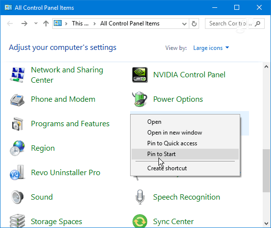 Pin Pannello di controllo Voce Windows 10 Start