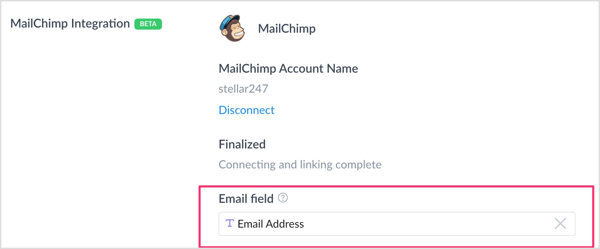 Nella sezione Integrazione Mailchimp, fare clic nella casella Campo e-mail e selezionare il campo personalizzato creato per acquisire indirizzi e-mail. 