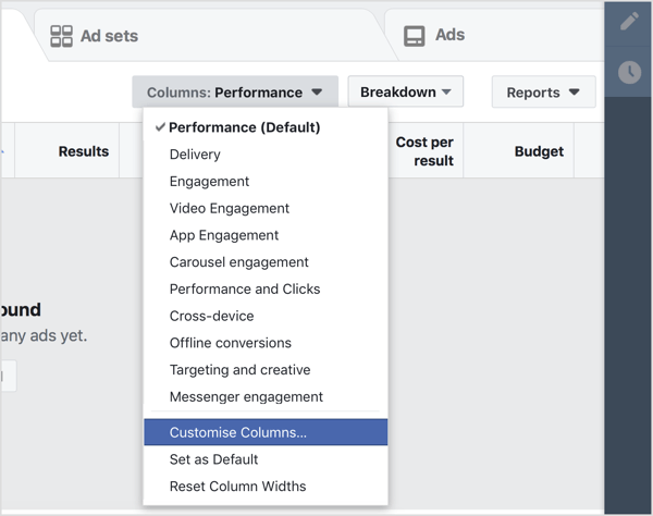 Passa alla dashboard di Facebook Ads Manager e seleziona Personalizza colonne nel menu a discesa Colonne.