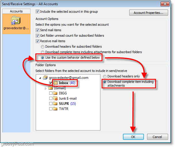 Schermata di Outlook 2010 - Posta in arrivo usa il comportamento personalizzato scarica l'elemento completo