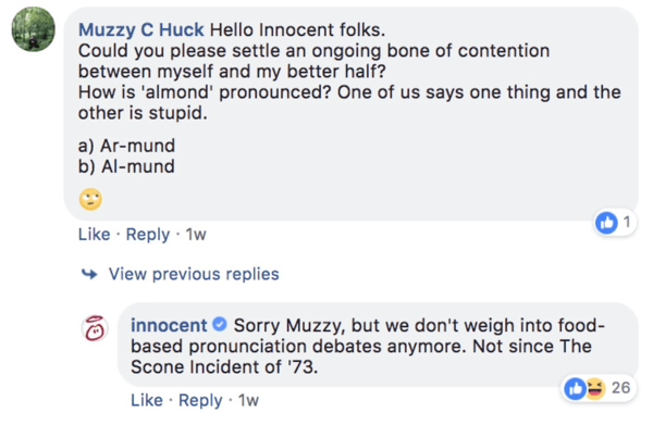 Esempio di Innocent che risponde a una domanda di commento su un post di Facebook.