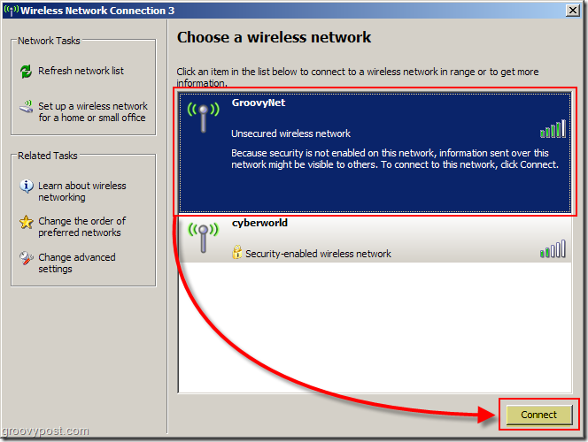 Menu di Windows XP per scegliere uno screenshot della rete wireless:: groovyPost.com