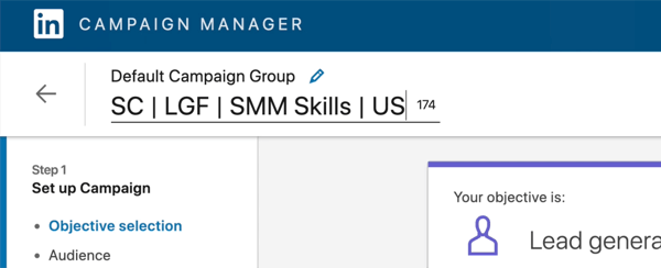 screenshot del nome della campagna LinkedIn modificato per dire "SC | LGF | Competenze SMM | NOI