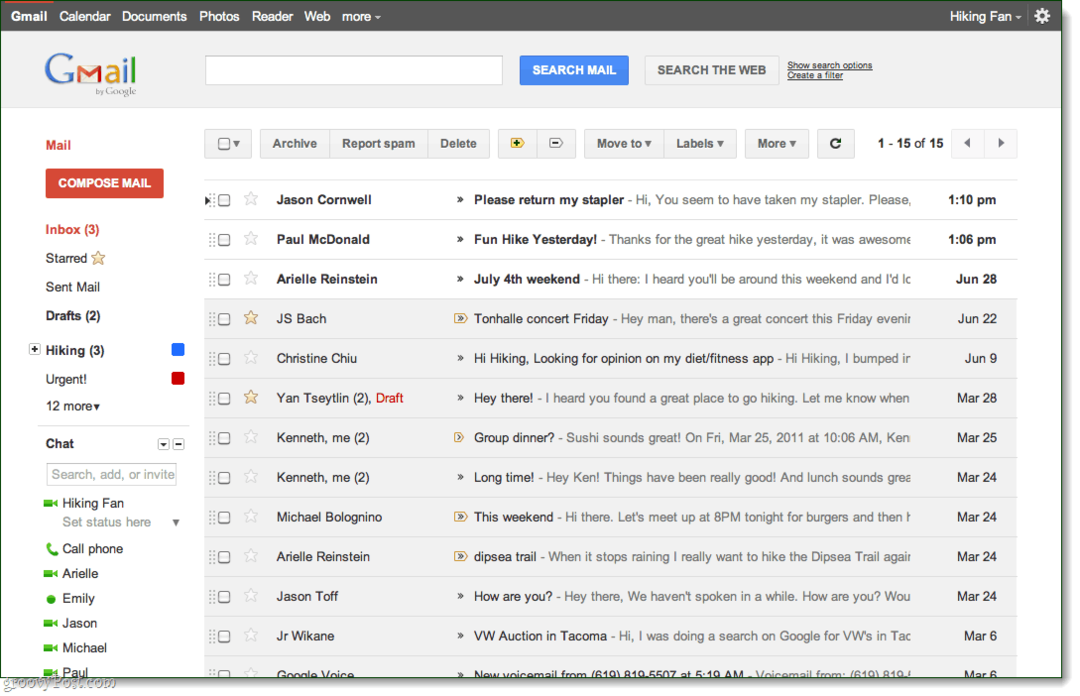 Visualizzazione posta in arrivo di Gmail, tema di anteprima