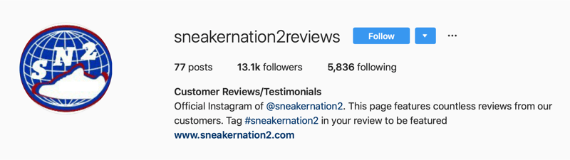 account Instagram secondario per le recensioni di SneakerNation2