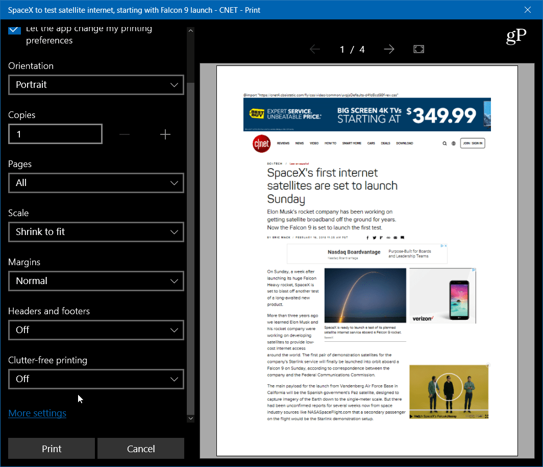 Stampa articoli del sito Web Puliti e disordinati gratuitamente con Microsoft Edge