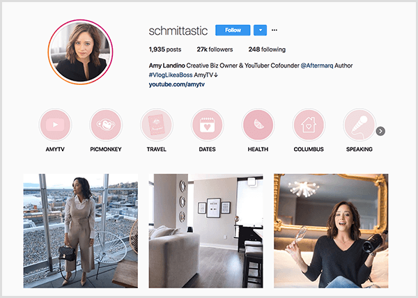 Il profilo Instagram di Amy Landino utilizza la maniglia schmittastic. Il suo profilo Instagram mostra le categorie in evidenza per AmyTV, Picmonkey, Viaggi, Date, Salute, Columbus e Parlando. Le foto mostrano le immagini di Amy.