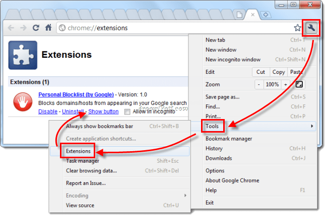 Google Chrome gestisce le estensioni restituisce il pulsante rosso