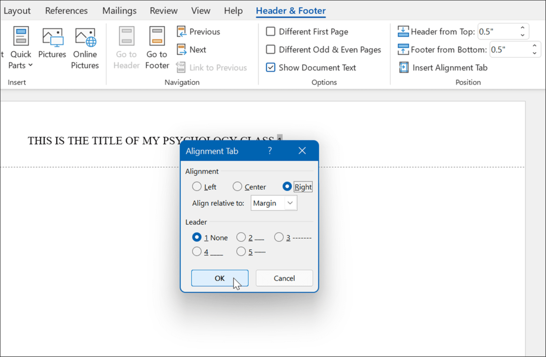 scheda di allineamento formato apa a destra in stile apa in microsoft word