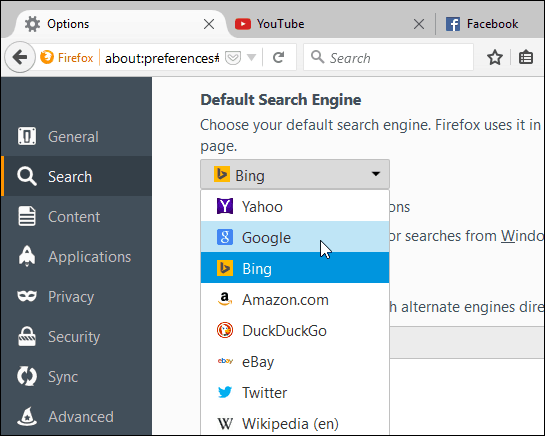 imposta il motore di ricerca Firefox