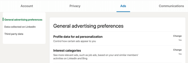 impostazioni dell'account del menu linkedin per le preferenze pubblicitarie generali