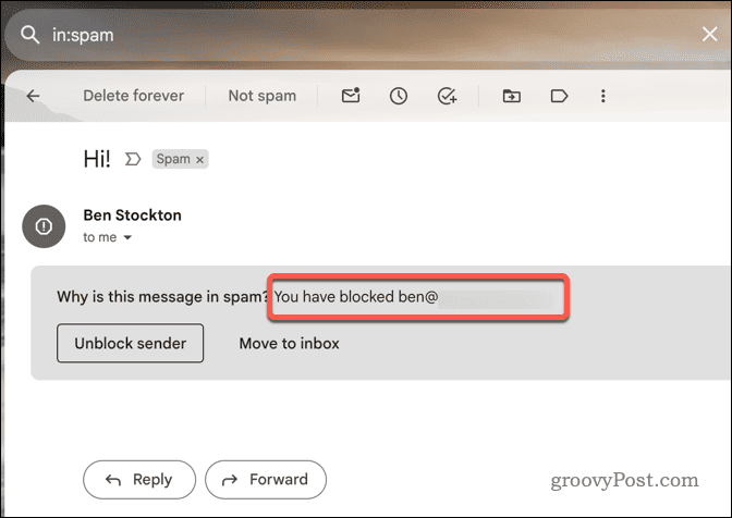 Esempio di email bloccata in Gmail