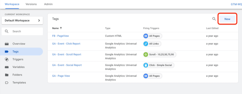 esempio di area di lavoro dashboard di google tag manager con tag selezionati e diversi tag di esempio mostrati con il nuovo pulsante evidenziato in alto a destra