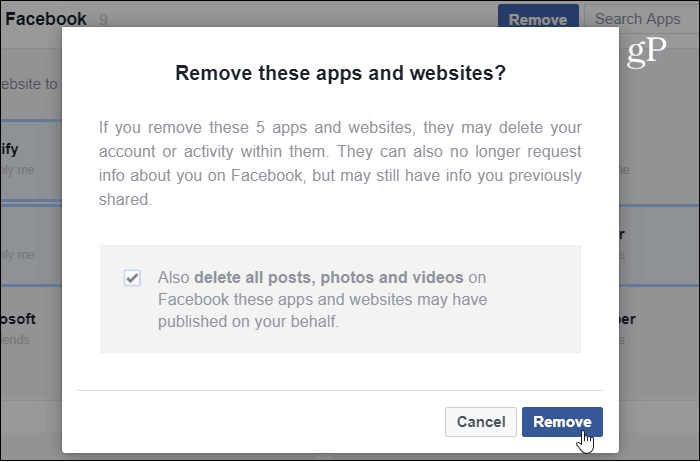 Verifica rimozione sito Web app Facebook